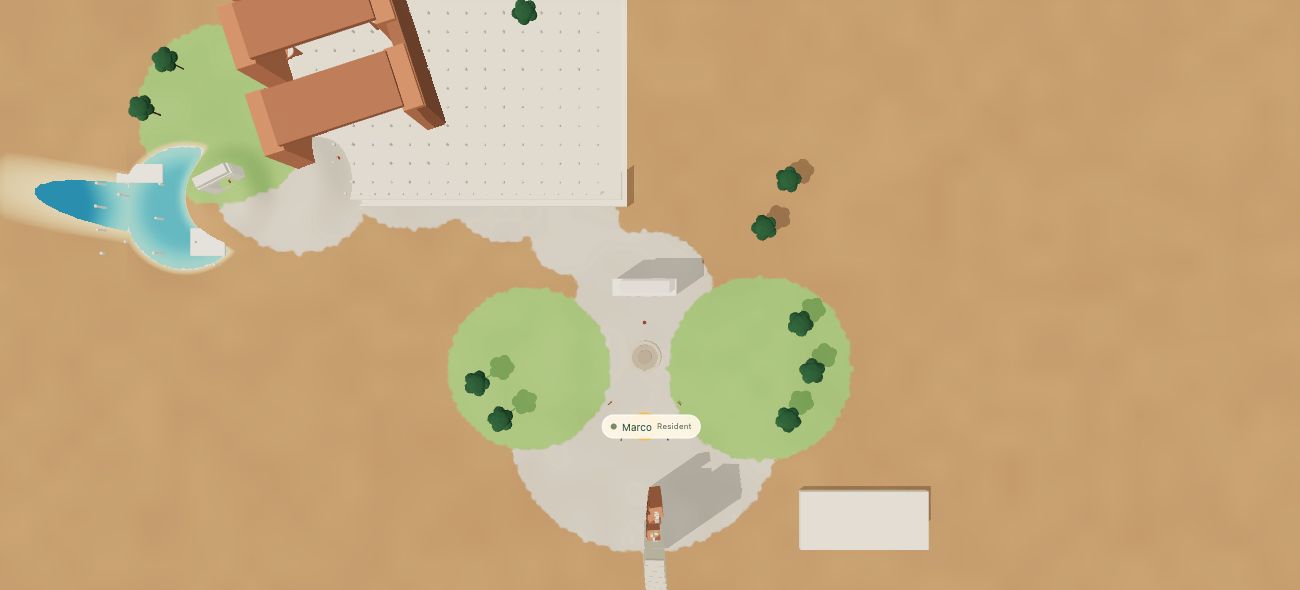 An overhead view of the current Via Sacra prototype, its paths and buildings.