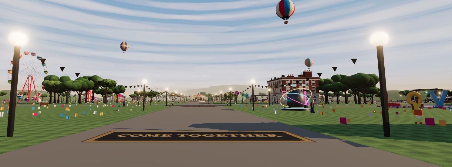 The actual Strawberry Fields festival park, with its Ferris wheel and Penny Lane buildings.